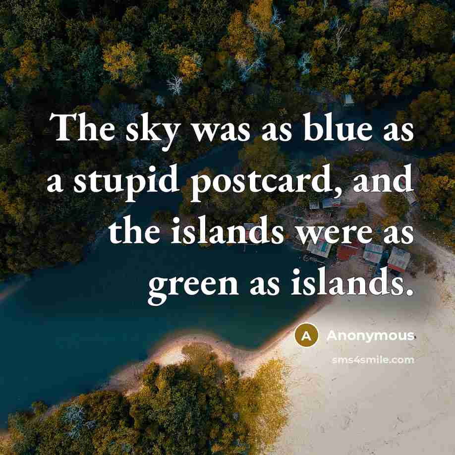 “The sky was as blue as a stupid postcard, and the islands were as green as islands.” quote by Anonymous