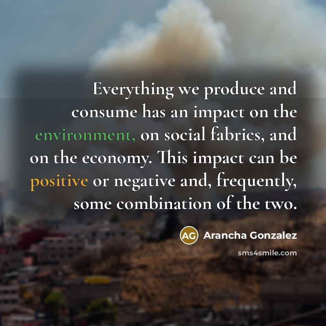 “Everything we produce and consume has an impact on the environment, on social fabrics, and on the economy. This impact can be positive or negative and, frequently, some combination of the two.” quote by Arancha Gonzalez