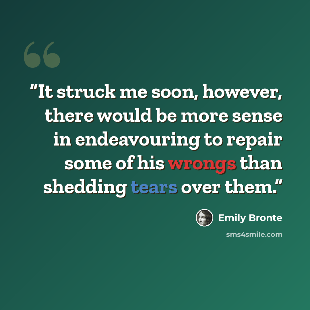“It struck me soon, however, there would be more sense in endeavouring to repair some of his wrongs than shedding tears over them.” quote by Emily Brontë