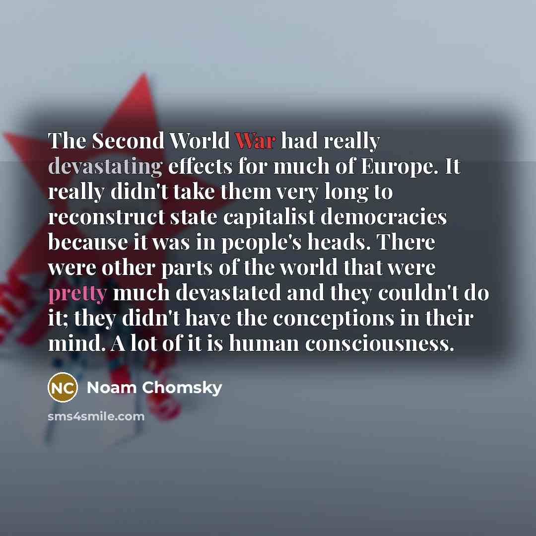 “The Second World War had really devastating effects for much of Europe. It really didn't take them very long to reconstruct state capitalist democracies because it was in people's heads. There were other parts of the world that were pretty much devastated and they couldn't do it; they didn't have…” quote by Noam Chomsky