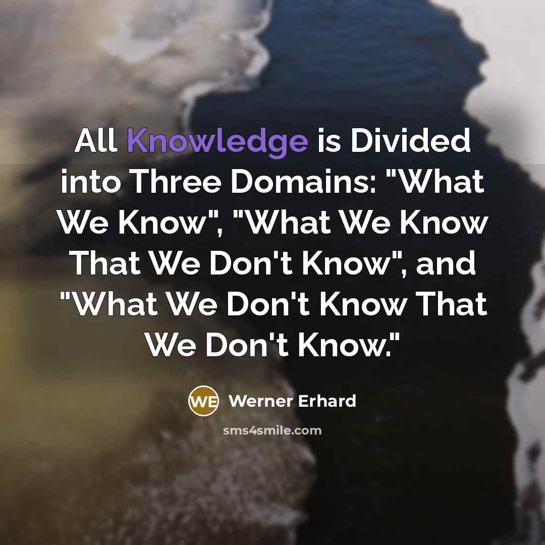 “All Knowledge is Divided into Three Domains: "What We Know", "What We Know That We Don't Know", and "What We Don't Know That We Don't Know."” quote by Werner Erhard
