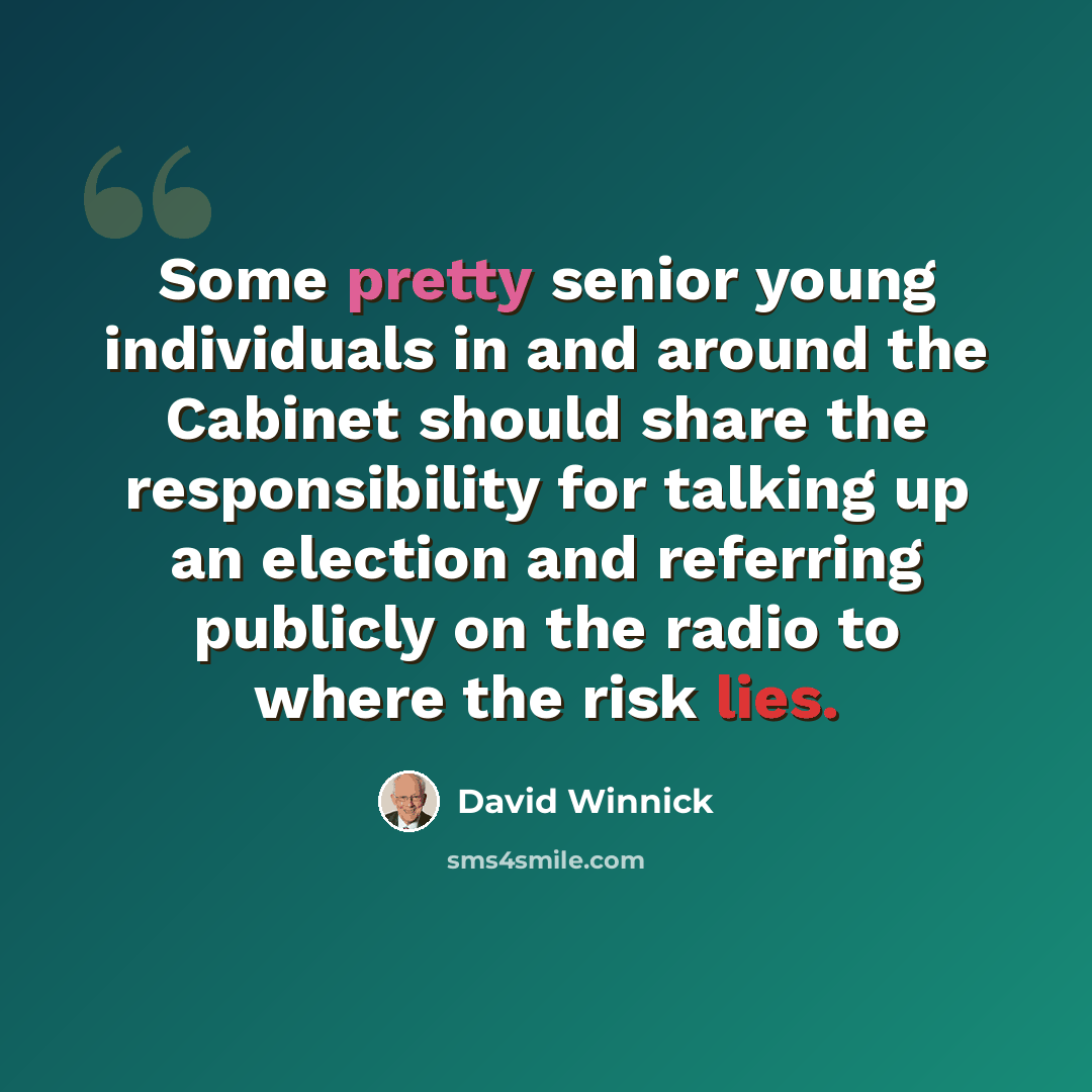 “Some pretty senior young individuals in and around the Cabinet should share the responsibility for talking up an election and referring publicly on the radio to where the risk lies.” quote by David Winnick