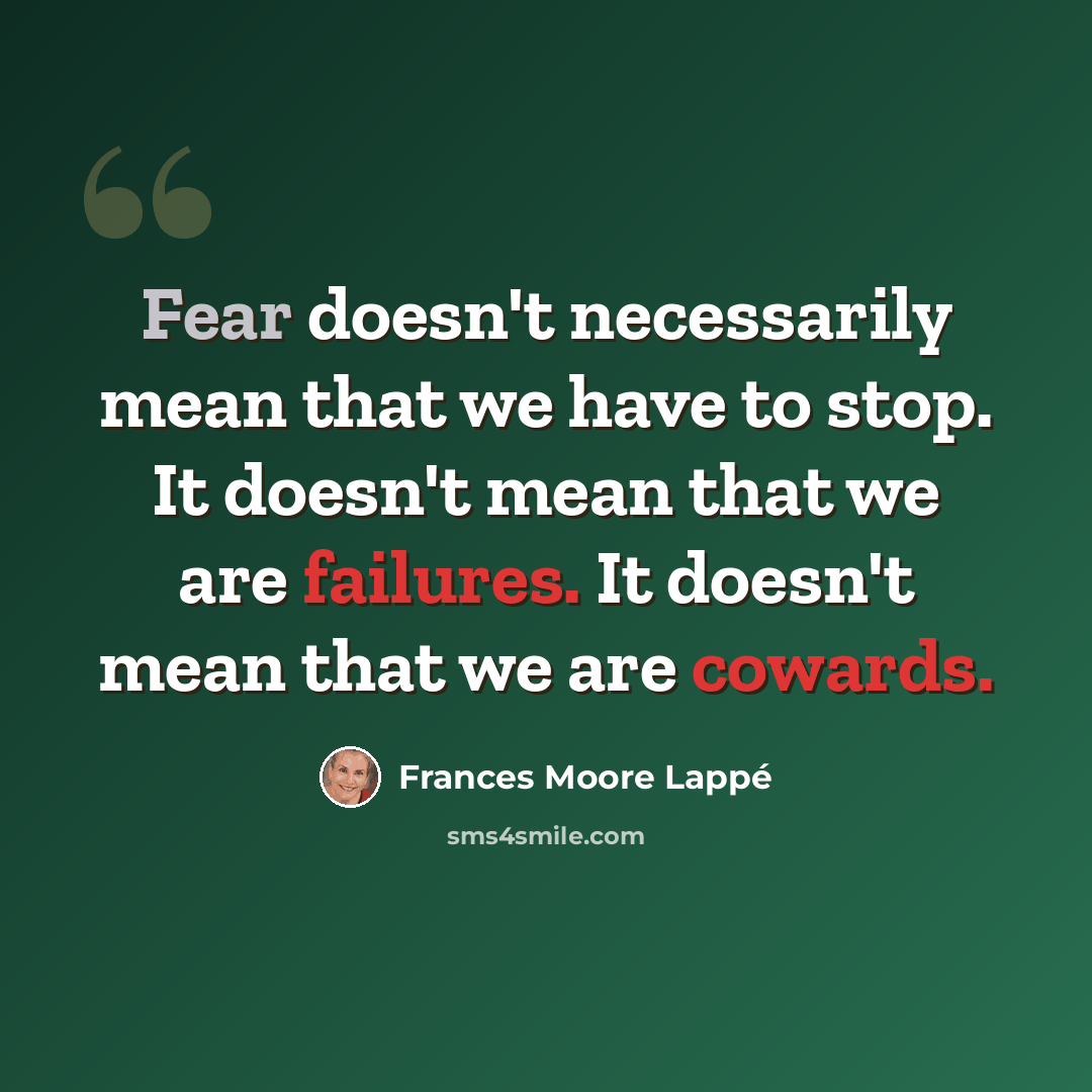 “Fear doesn't necessarily mean that we have to stop. It doesn't mean that we are failures. It doesn't mean that we are cowards.” quote by Frances Moore Lappé