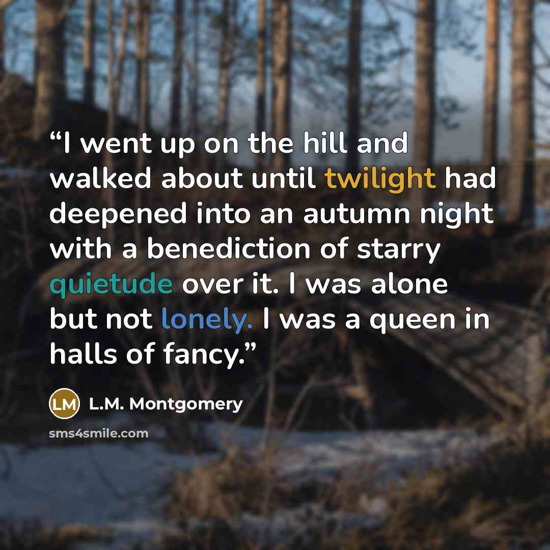 “I went up on the hill and walked about until twilight had deepened into an autumn night with a benediction of starry quietude over it. I was alone but not lonely. I was a queen in halls of fancy.” quote by L.M. Montgomery