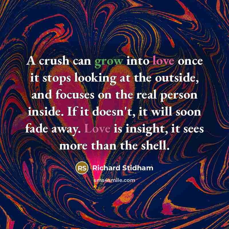 “A crush can grow into love once it stops looking at the outside, and focuses on the real person inside. If it doesn't, it will soon fade away. Love is insight, it sees more than the shell.” quote by Richard Stidham