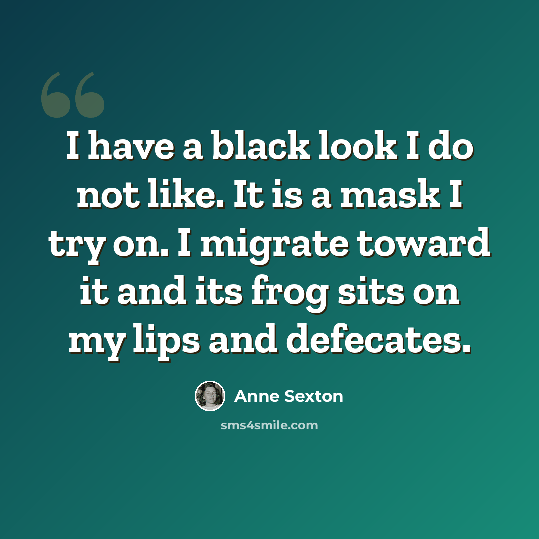 “I have a black look I do not like. It is a mask I try on. I migrate toward it and its frog sits on my lips and defecates.” quote by Anne Sexton