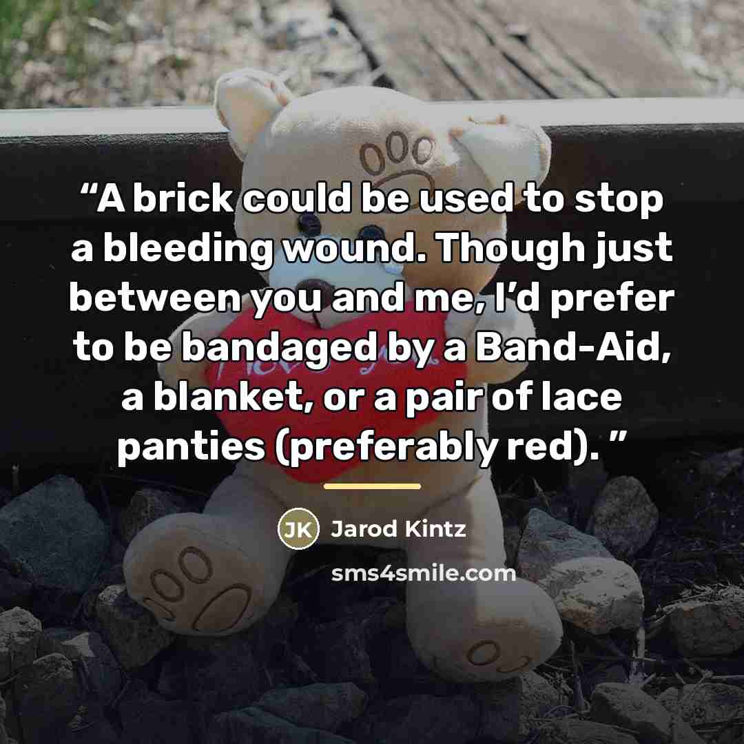 “A brick could be used to stop a bleeding wound. Though just between you and me, I’d prefer to be bandaged by a Band-Aid, a blanket, or a pair of lace panties (preferably red).” quote by Jarod Kintz