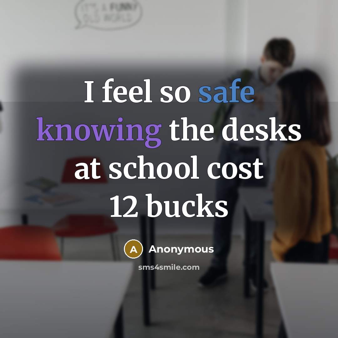 “I feel so safe knowing the desks at school cost 12 bucks” quote by Anonymous