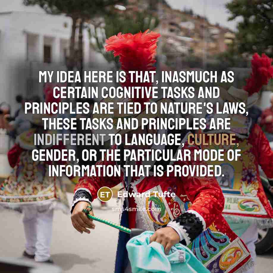 “My idea here is that, inasmuch as certain cognitive tasks and principles are tied to nature's laws, these tasks and principles are indifferent to language, culture, gender, or the particular mode of information that is provided.” quote by Edward Tufte