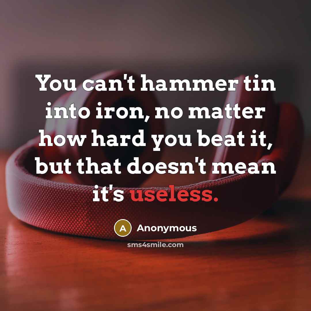 “You can't hammer tin into iron, no matter how hard you beat it, but that doesn't mean it's useless.” quote by Anonymous