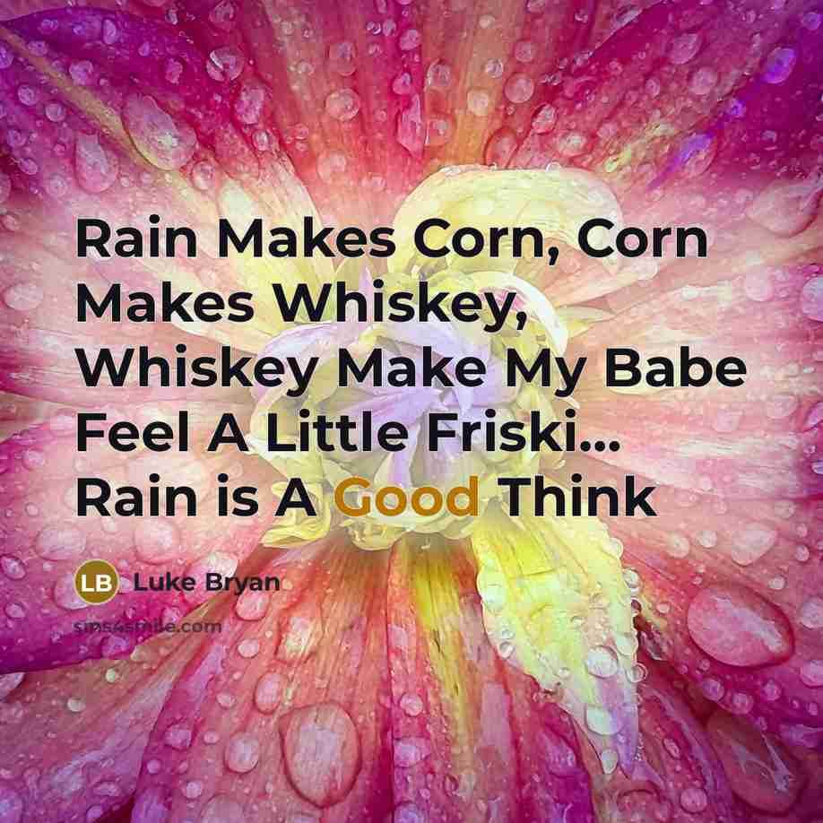 “Rain Makes Corn, Corn Makes Whiskey, Whiskey Make My Babe Feel A Little Friski... Rain is A Good Think” quote by Luke Bryan