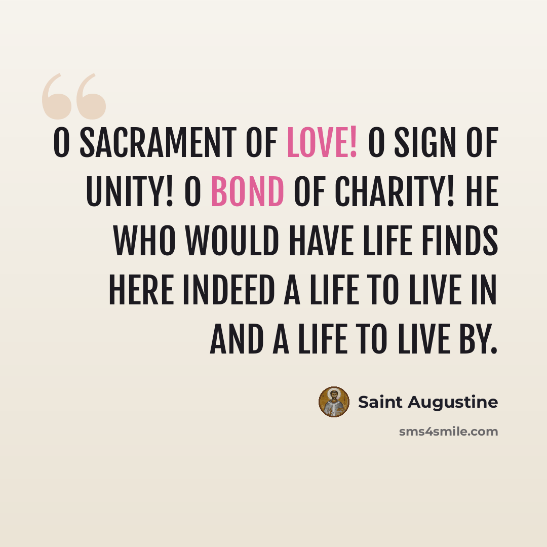 “O Sacrament of Love! O sign of Unity! O bond of Charity! He who would have Life finds here indeed a Life to live in and a Life to live by.” quote by Saint Augustine