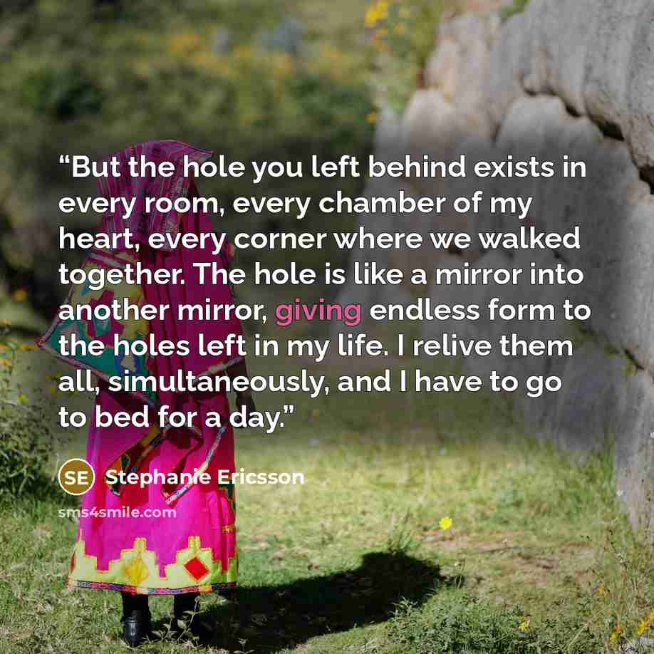 “But the hole you left behind exists in every room, every chamber of my heart, every corner where we walked together. The hole is like a mirror into another mirror, giving endless form to the holes left in my life. I relive them all, simultaneously, and I have to go to bed for a day.” quote by Stephanie Ericsson