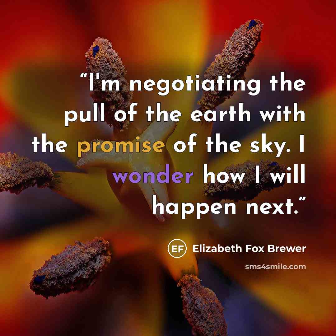 “I'm negotiating the pull of the earth with the promise of the sky. I wonder how I will happen next.” quote by Elizabeth Fox Brewer