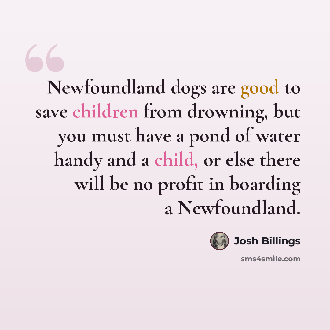 “Newfoundland dogs are good to save children from drowning, but you must have a pond of water handy and a child, or else there will be no profit in boarding a Newfoundland.” quote by Josh Billings