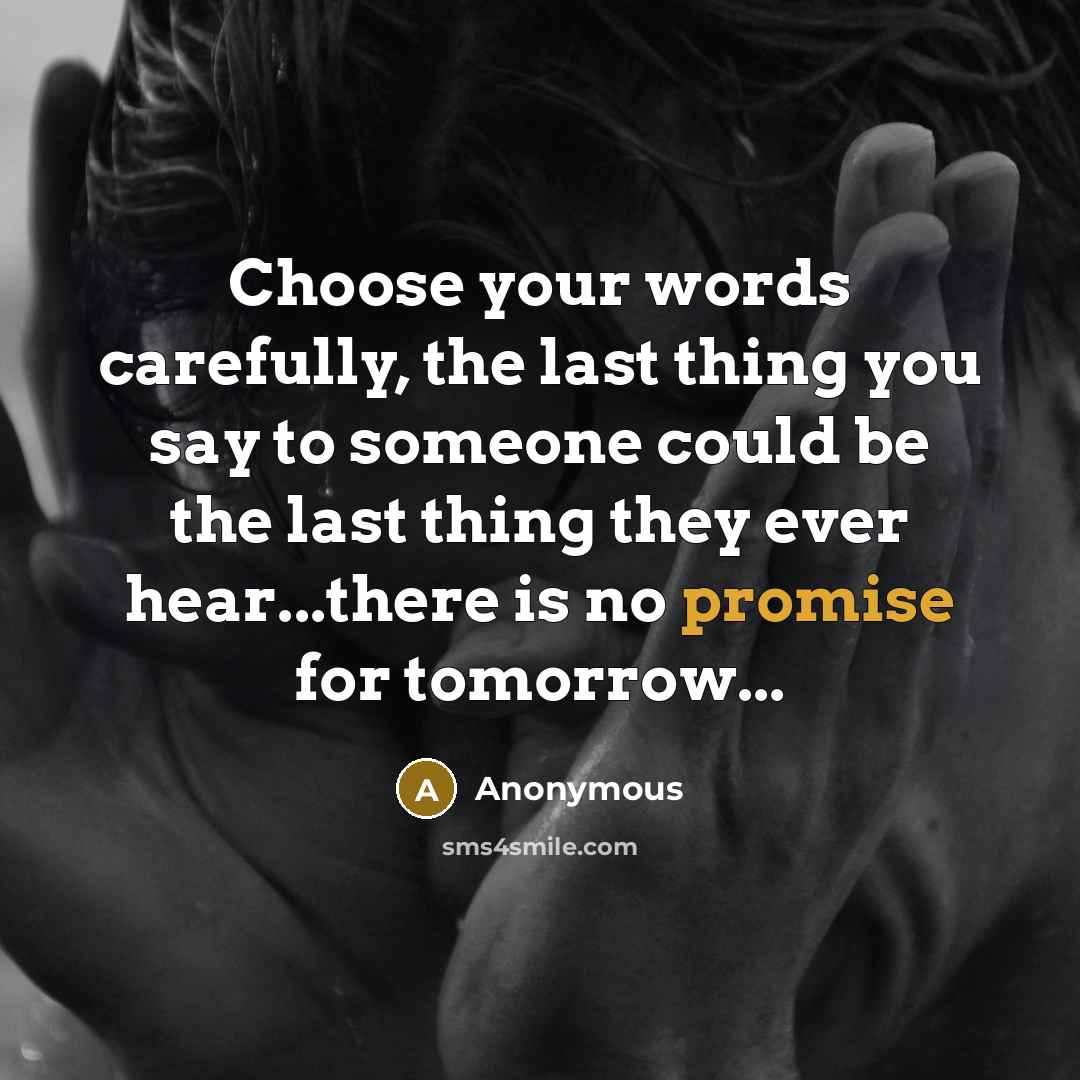 “Choose your words carefully, the last thing you say to someone could be the last thing they ever hear...there is no promise for tomorrow...” quote by Anonymous