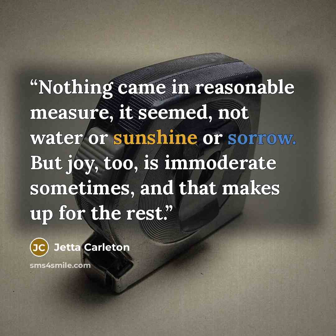 “Nothing came in reasonable measure, it seemed, not water or sunshine or sorrow. But joy, too, is immoderate sometimes, and that makes up for the rest.” quote by Jetta Carleton