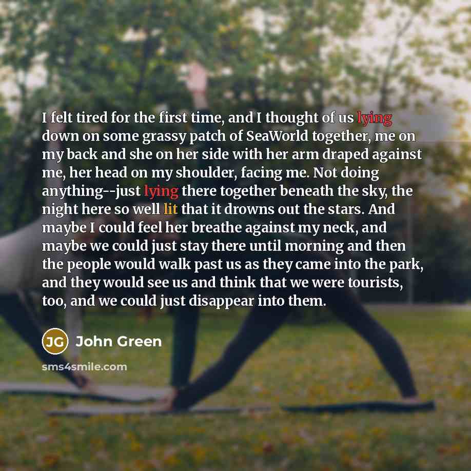 “I felt tired for the first time, and I thought of us lying down on some grassy patch of SeaWorld together, me on my back and she on her side with her arm draped against me, her head on my shoulder, facing me. Not doing anything--just lying there together beneath the sky, the night here so well lit…” quote by John Green