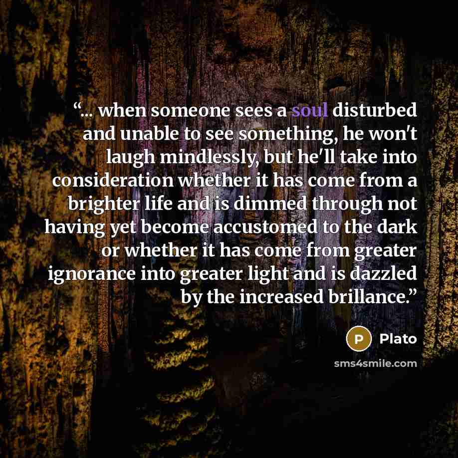 “... when someone sees a soul disturbed and unable to see something, he won't laugh mindlessly, but he'll take into consideration whether it has come from a brighter life and is dimmed through not having yet become accustomed to the dark or whether it has come from greater ignorance into greater…” quote by Plato