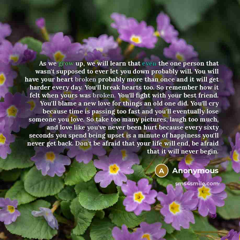 “As we grow up, we will learn that even the one person that wasn't supposed to ever let you down probably will. You will have your heart broken probably more than once and it will get harder every day. You'll break hearts too. So remember how it felt when yours was broken. You'll fight with your…” quote by Anonymous