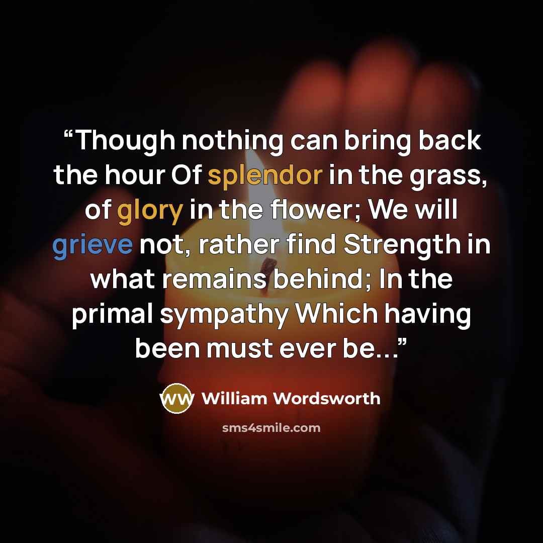 “Though nothing can bring back the hour Of splendor in the grass, of glory in the flower; We will grieve not, rather find Strength in what remains behind; In the primal sympathy Which having been must ever be...” quote by William Wordsworth