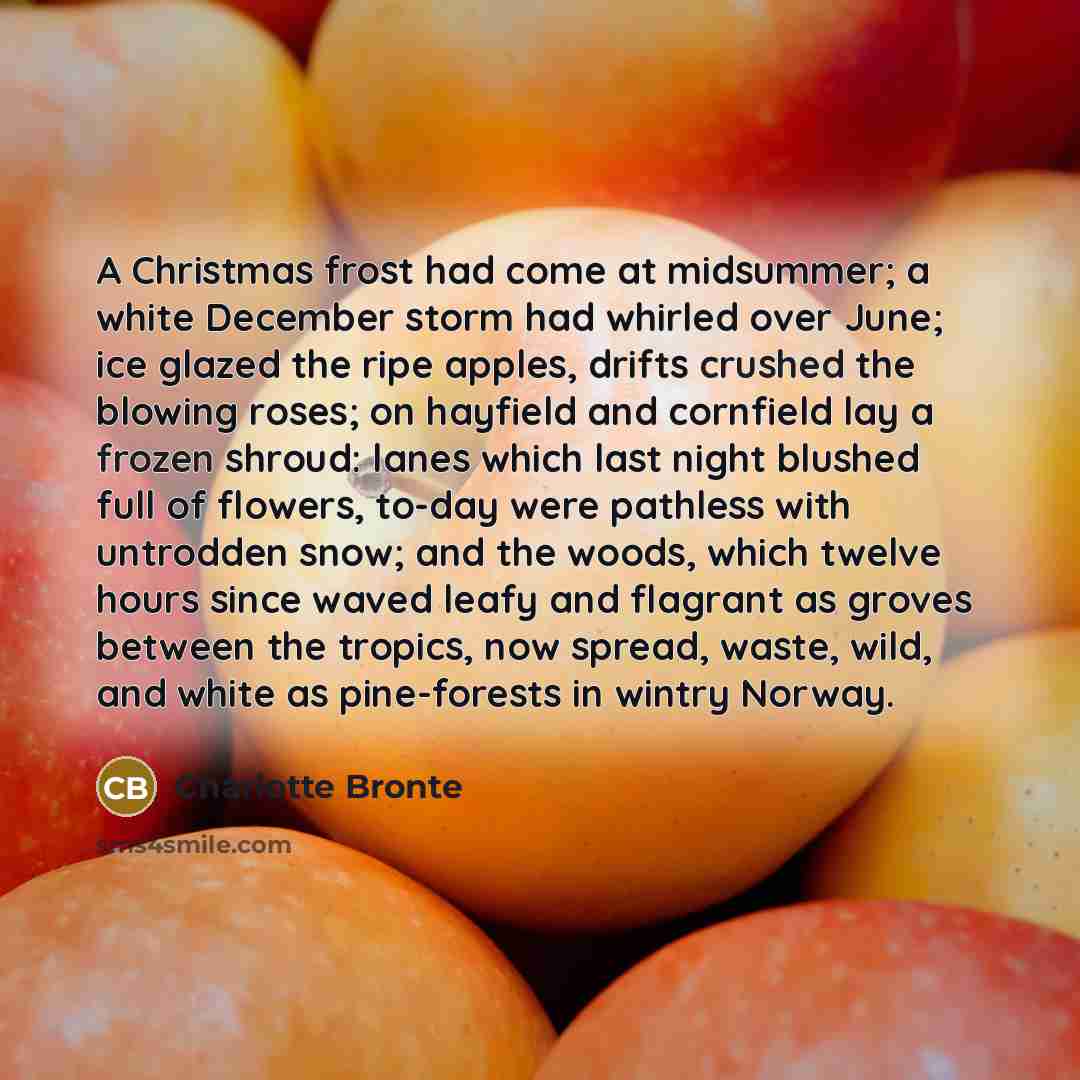 “A Christmas frost had come at midsummer; a white December storm had whirled over June; ice glazed the ripe apples, drifts crushed the blowing roses; on hayfield and cornfield lay a frozen shroud: lanes which last night blushed full of flowers, to-day were pathless with untrodden snow; and the…” quote by Charlotte Bronte
