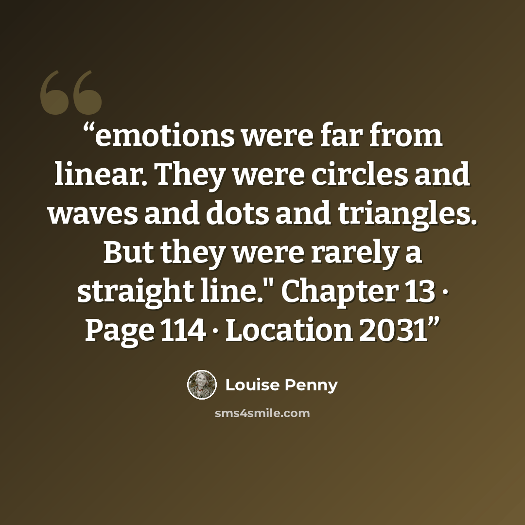 “emotions were far from linear. They were circles and waves and dots and triangles. But they were rarely a straight line." Chapter 13 · Page 114 · Location 2031” quote by Louise Penny
