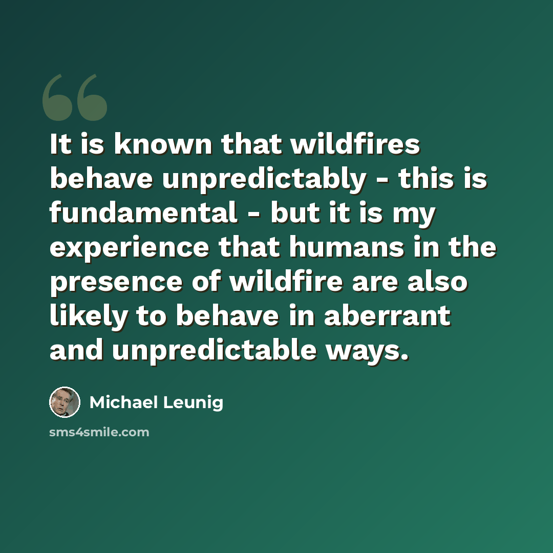 “It is known that wildfires behave unpredictably - this is fundamental - but it is my experience that humans in the presence of wildfire are also likely to behave in aberrant and unpredictable ways.” quote by Michael Leunig