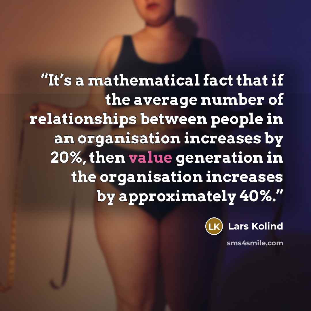 “It’s a mathematical fact that if the average number of relationships between people in an organisation increases by 20%, then value generation in the organisation increases by approximately 40%.” quote by Lars Kolind