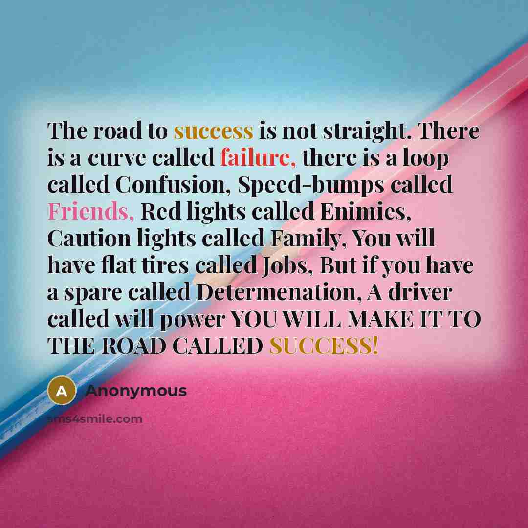 “The road to success is not straight. There is a curve called failure, there is a loop called Confusion, Speed-bumps called Friends, Red lights called Enimies, Caution lights called Family, You will have flat tires called Jobs, But if you have a spare called Determenation, A driver called will…” quote by Anonymous