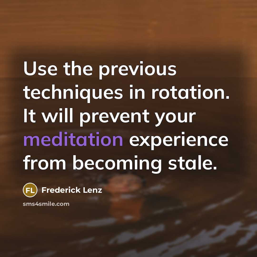 “Use the previous techniques in rotation. It will prevent your meditation experience from becoming stale.” quote by Frederick Lenz