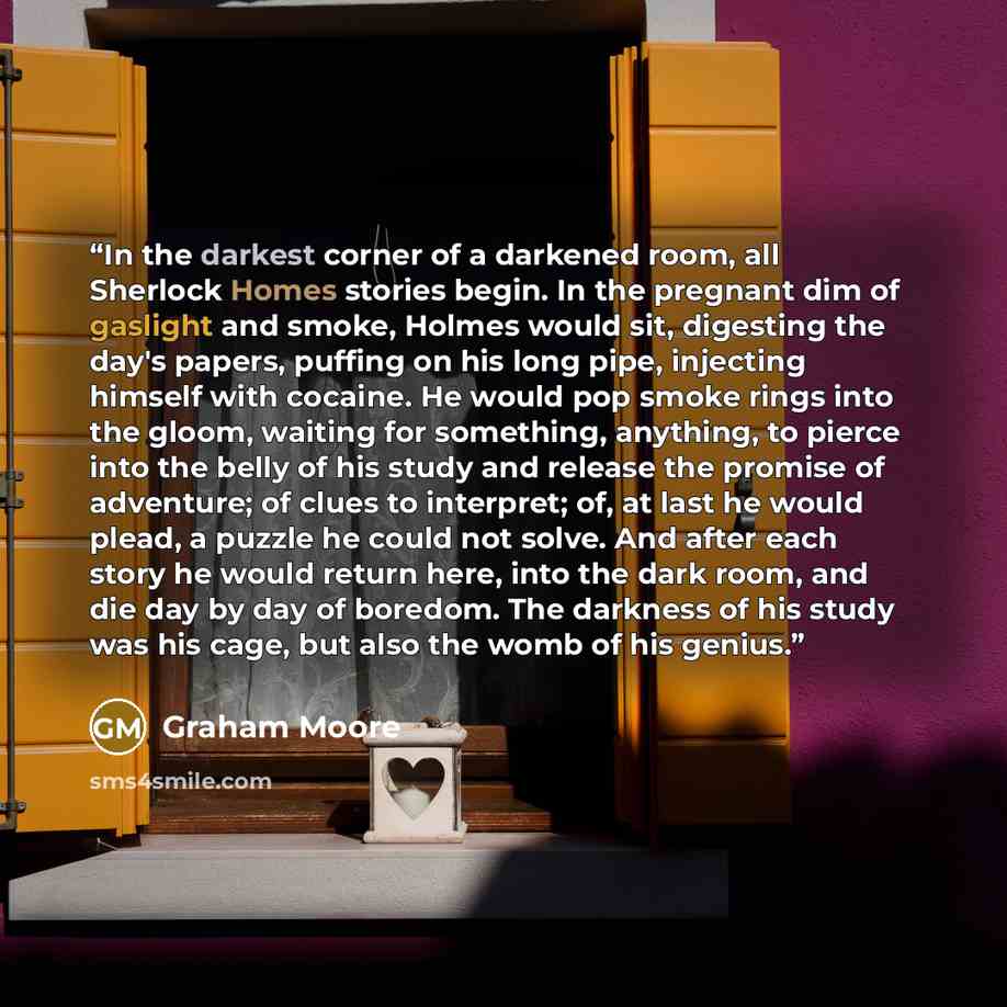 “In the darkest corner of a darkened room, all Sherlock Homes stories begin. In the pregnant dim of gaslight and smoke, Holmes would sit, digesting the day's papers, puffing on his long pipe, injecting himself with cocaine. He would pop smoke rings into the gloom, waiting for something, anything…” quote by Graham Moore