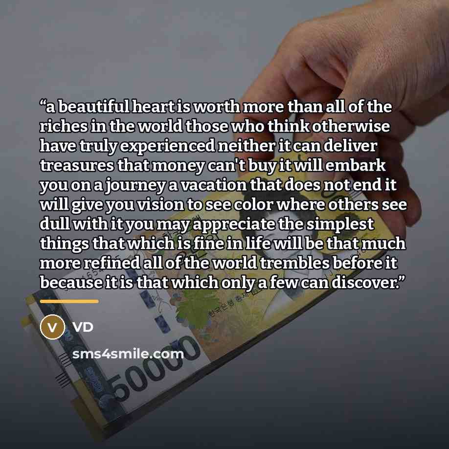 “a beautiful heart is worth more than all of the riches in the world those who think otherwise have truly experienced neither it can deliver treasures that money can't buy it will embark you on a journey a vacation that does not end it will give you vision to see color where others see dull with it…” quote by VD