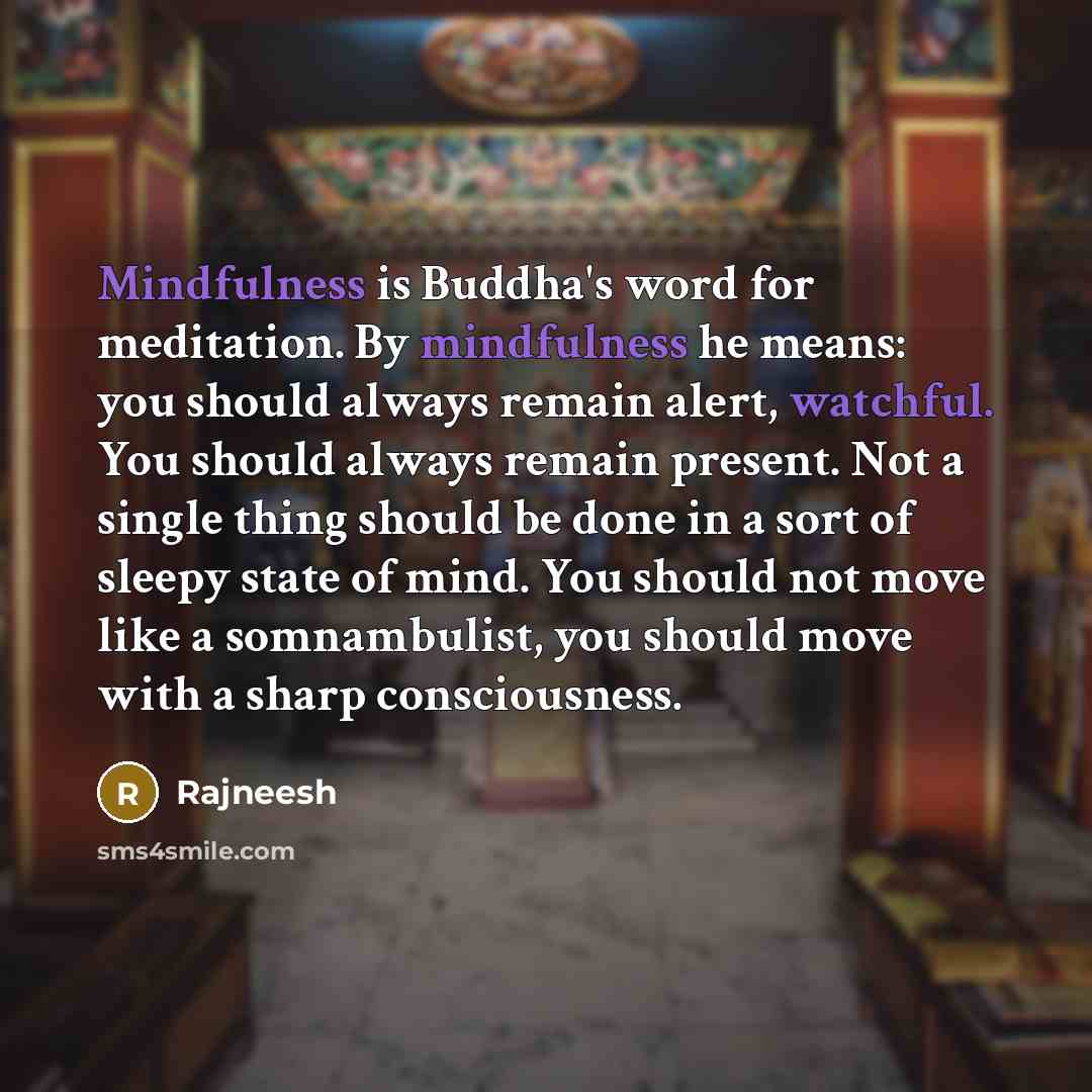 “Mindfulness is Buddha's word for meditation. By mindfulness he means: you should always remain alert, watchful. You should always remain present. Not a single thing should be done in a sort of sleepy state of mind. You should not move like a somnambulist, you should move with a sharp consciousness.” quote by Rajneesh