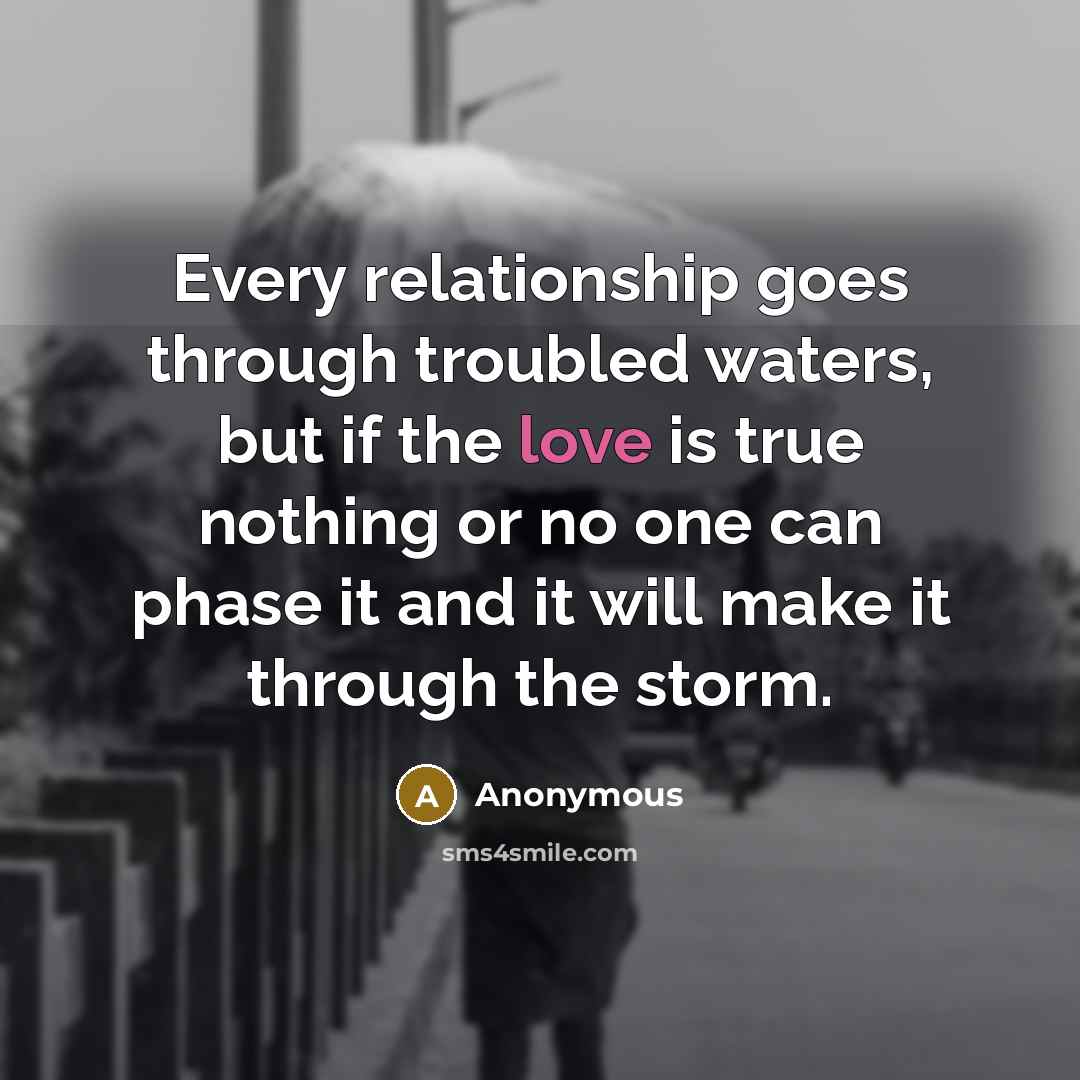 “Every relationship goes through troubled waters, but if the love is true nothing or no one can phase it and it will make it through the storm.” quote by Anonymous