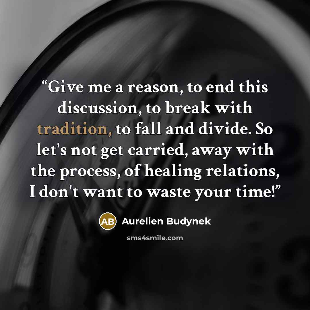 “Give me a reason, to end this discussion, to break with tradition, to fall and divide. So let's not get carried, away with the process, of healing relations, I don't want to waste your time!” quote by Aurelien Budynek