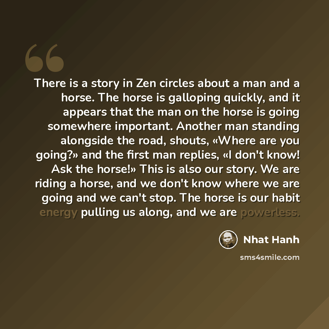 “There is a story in Zen circles about a man and a horse. The horse is galloping quickly, and it appears that the man on the horse is going somewhere important. Another man standing alongside the road, shouts, «Where are you going?» and the first man replies, «I don't know! Ask the horse!» This is…” quote by Nhat Hanh