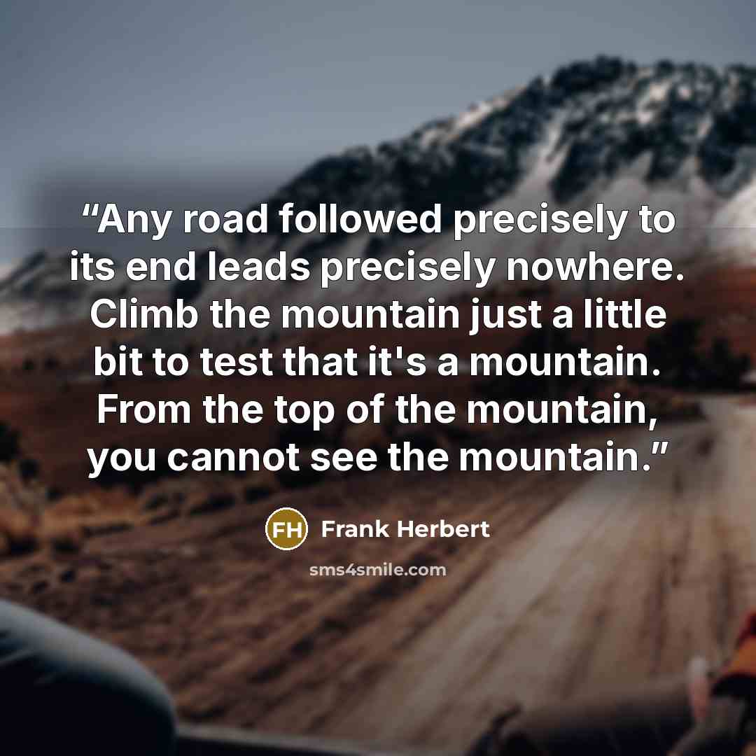 “Any road followed precisely to its end leads precisely nowhere. Climb the mountain just a little bit to test that it's a mountain. From the top of the mountain, you cannot see the mountain.” quote by Frank Herbert
