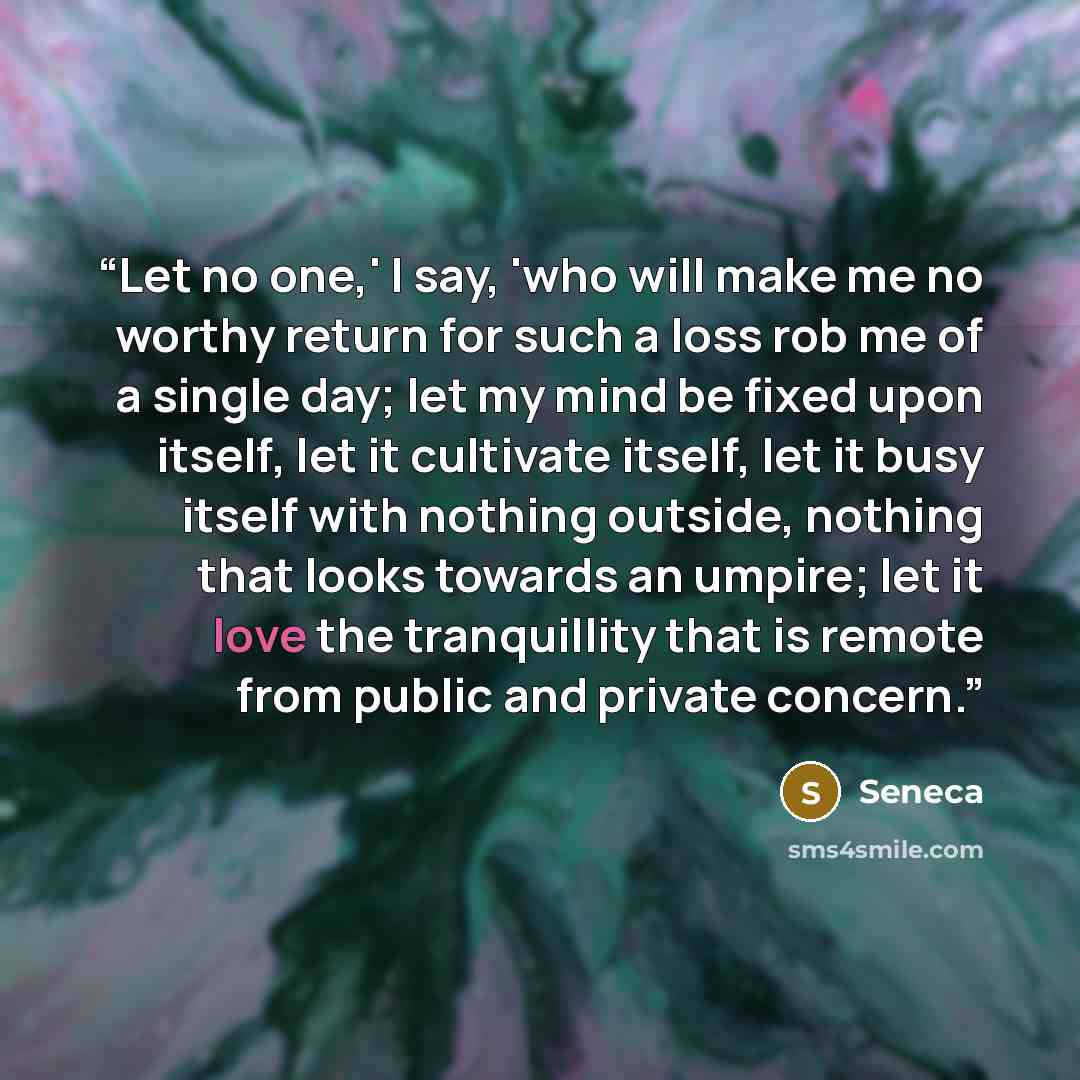 “Let no one,' I say, 'who will make me no worthy return for such a loss rob me of a single day; let my mind be fixed upon itself, let it cultivate itself, let it busy itself with nothing outside, nothing that looks towards an umpire; let it love the tranquillity that is remote from public and…” quote by Seneca