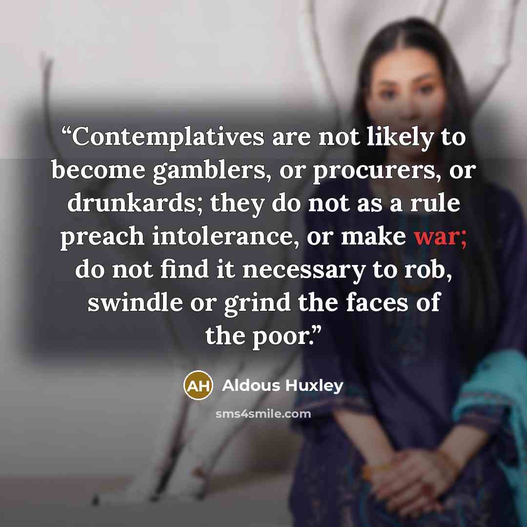 “Contemplatives are not likely to become gamblers, or procurers, or drunkards; they do not as a rule preach intolerance, or make war; do not find it necessary to rob, swindle or grind the faces of the poor.” quote by Aldous Huxley