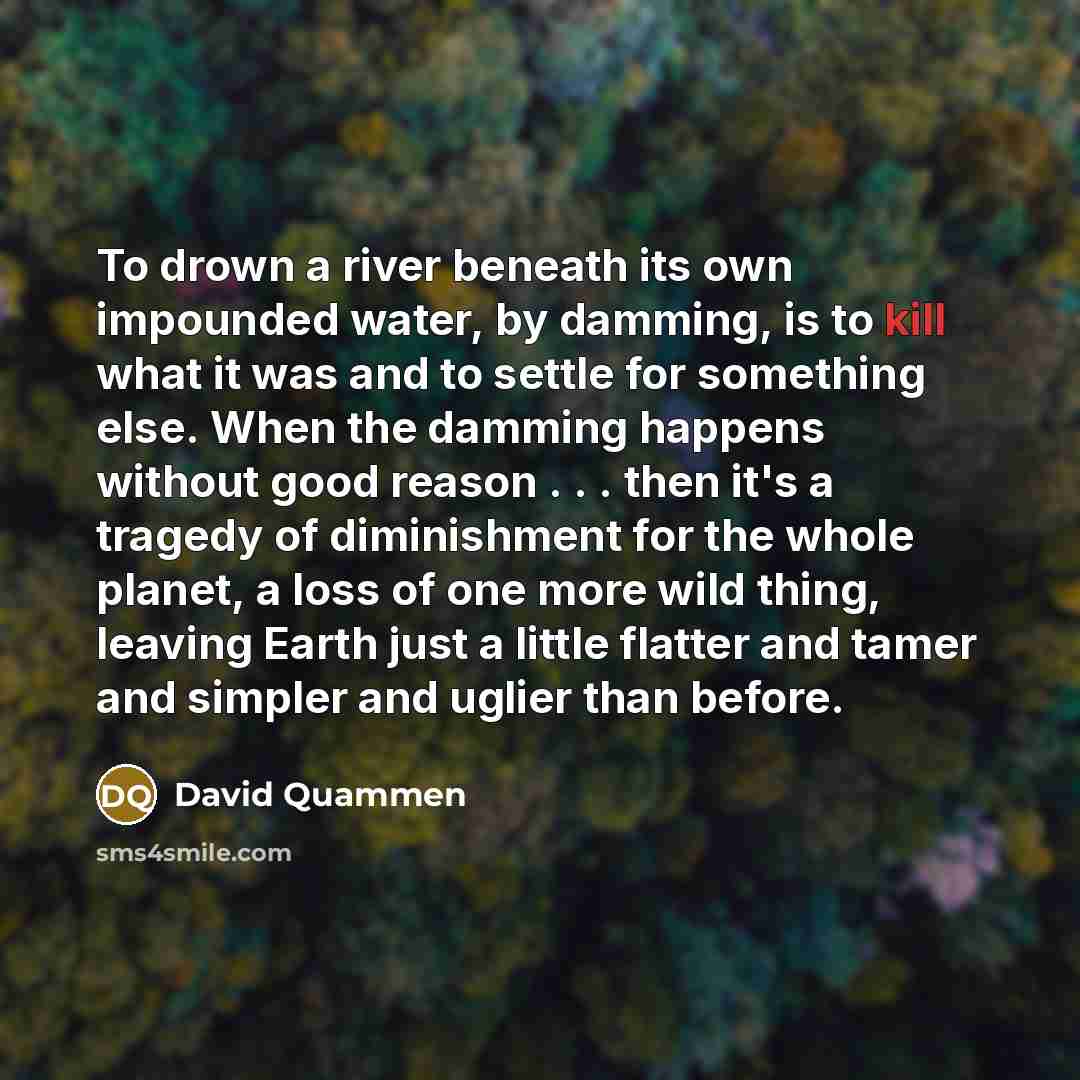 “To drown a river beneath its own impounded water, by damming, is to kill what it was and to settle for something else. When the damming happens without good reason . . . then it's a tragedy of diminishment for the whole planet, a loss of one more wild thing, leaving Earth just a little flatter and…” quote by David Quammen