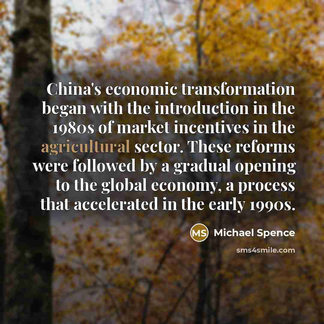 “China's economic transformation began with the introduction in the 1980s of market incentives in the agricultural sector. These reforms were followed by a gradual opening to the global economy, a process that accelerated in the early 1990s.” quote by Michael Spence