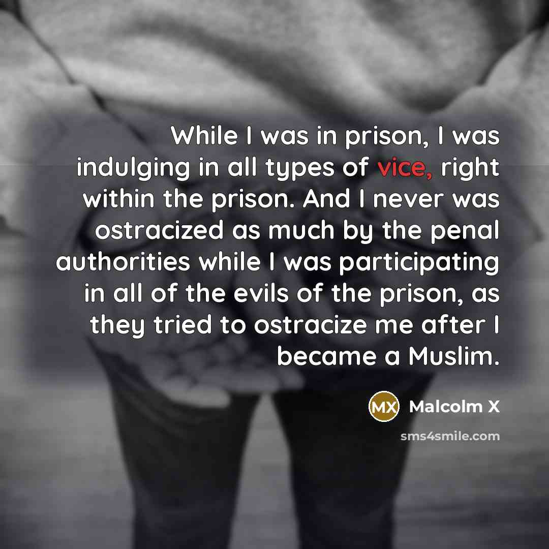 “While I was in prison, I was indulging in all types of vice, right within the prison. And I never was ostracized as much by the penal authorities while I was participating in all of the evils of the prison, as they tried to ostracize me after I became a Muslim.” quote by Malcolm X