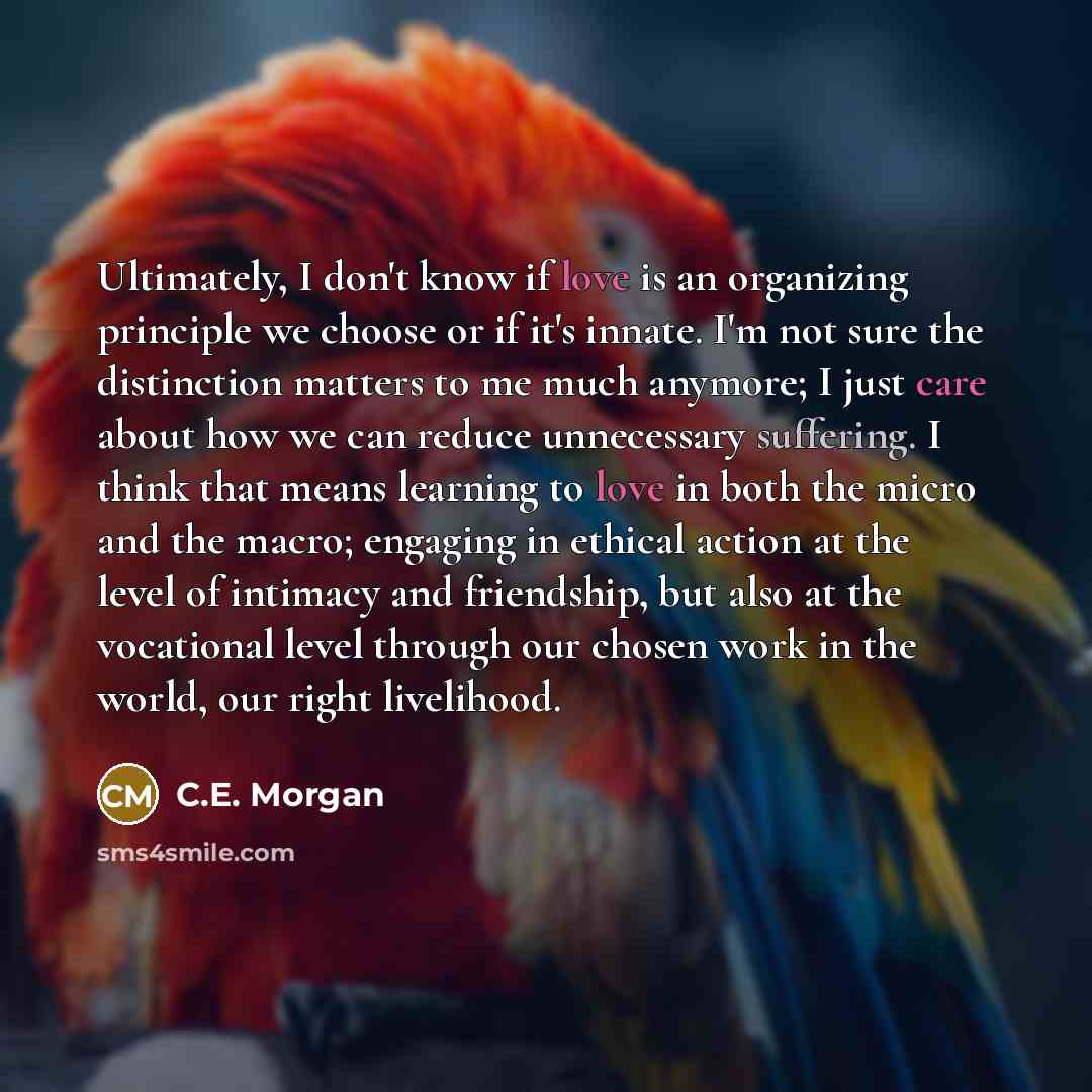 “Ultimately, I don't know if love is an organizing principle we choose or if it's innate. I'm not sure the distinction matters to me much anymore; I just care about how we can reduce unnecessary suffering. I think that means learning to love in both the micro and the macro; engaging in ethical…” quote by C.E. Morgan