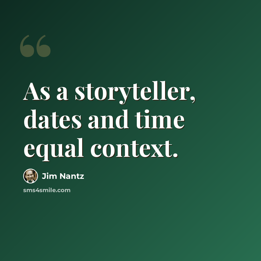 “As a storyteller, dates and time equal context.” quote by Jim Nantz
