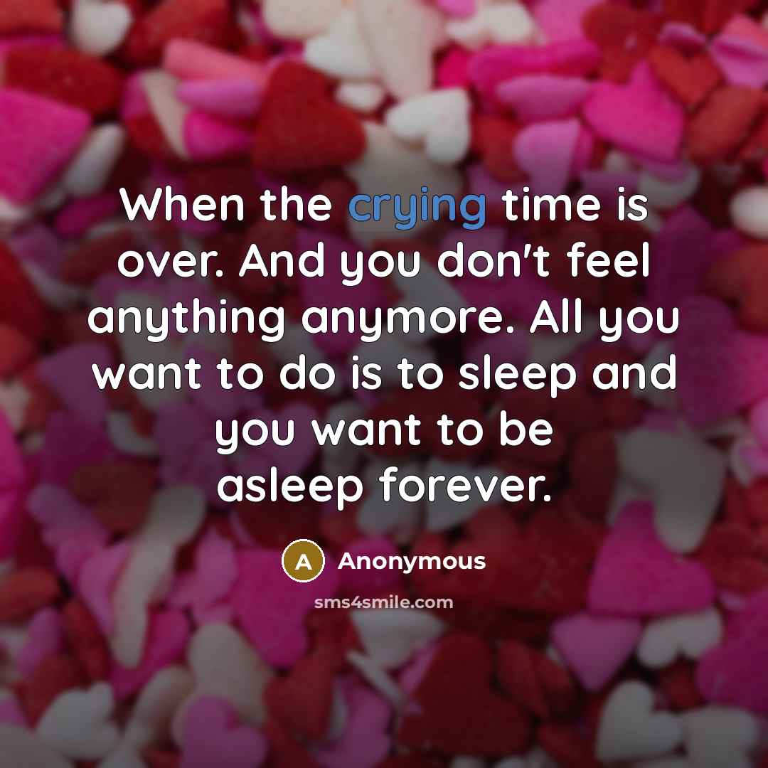“When the crying time is over. And you don't feel anything anymore. All you want to do is to sleep and you want to be asleep forever.” quote by Anonymous