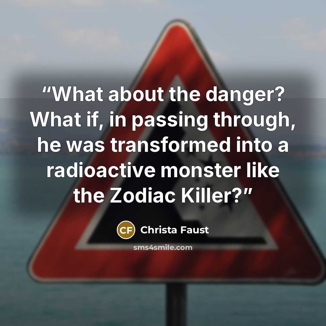 “What about the danger? What if, in passing through, he was transformed into a radioactive monster like the Zodiac Killer?” quote by Christa Faust