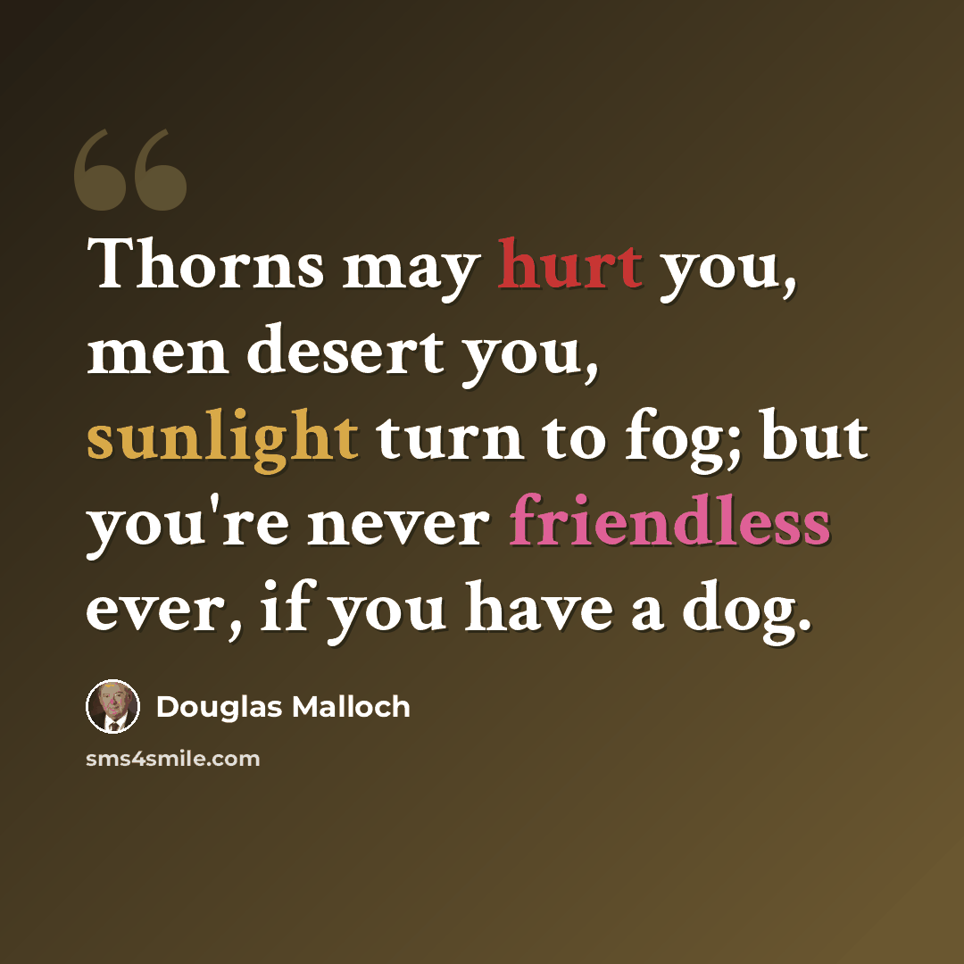 “Thorns may hurt you, men desert you, sunlight turn to fog; but you're never friendless ever, if you have a dog.” quote by Douglas Malloch