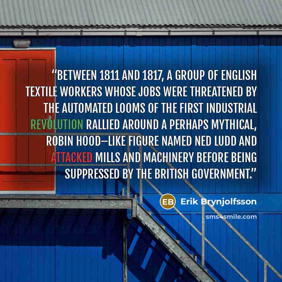 “Between 1811 and 1817, a group of English textile workers whose jobs were threatened by the automated looms of the first Industrial Revolution rallied around a perhaps mythical, Robin Hood–like figure named Ned Ludd and attacked mills and machinery before being suppressed by the British government.” quote by Erik Brynjolfsson
