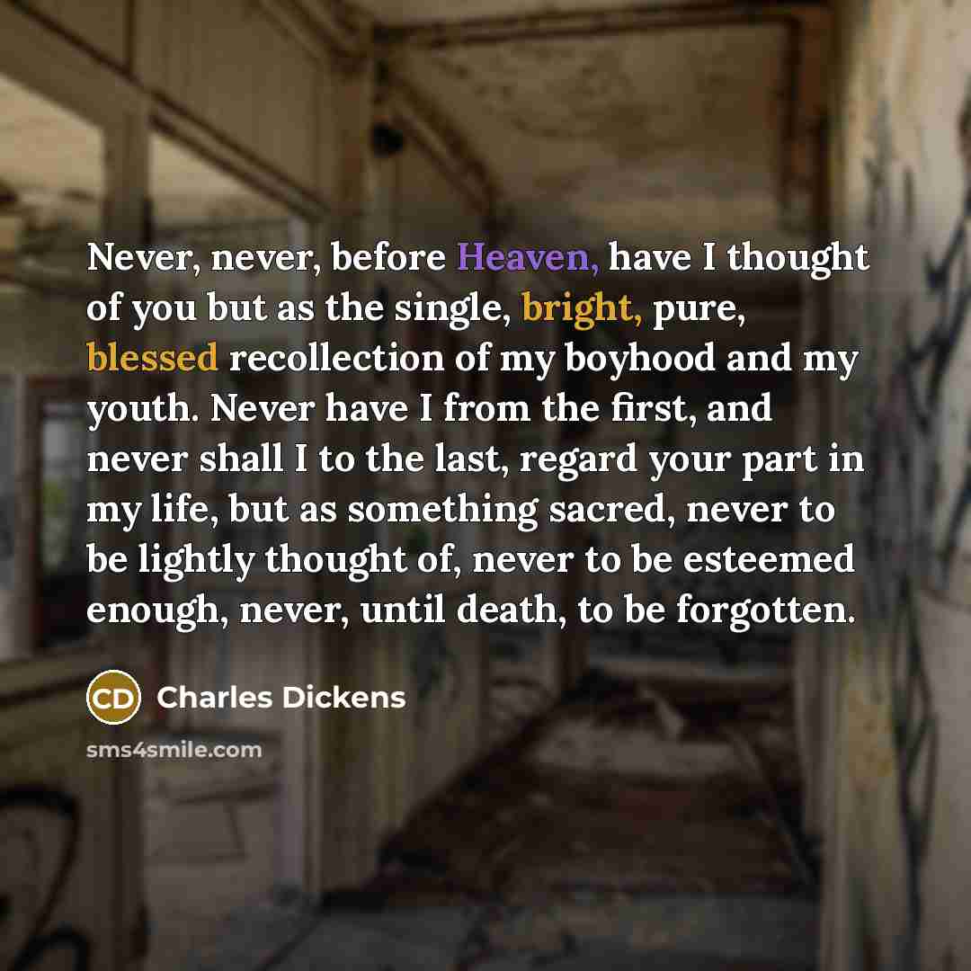 “Never, never, before Heaven, have I thought of you but as the single, bright, pure, blessed recollection of my boyhood and my youth. Never have I from the first, and never shall I to the last, regard your part in my life, but as something sacred, never to be lightly thought of, never to be…” quote by Charles Dickens